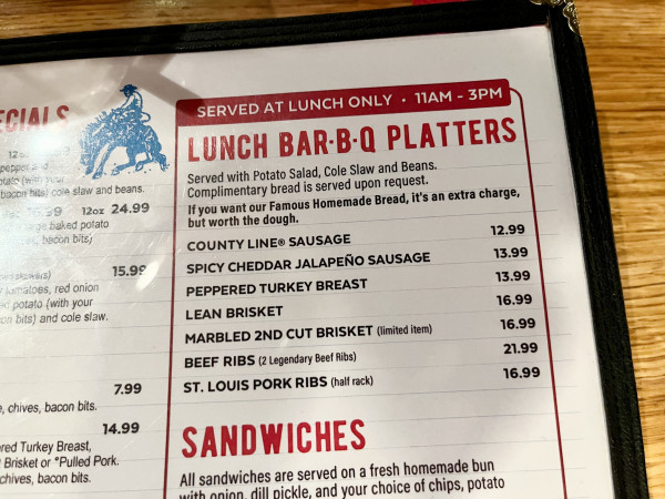 Marbled 2nd Cut Brisket Lunch Bar-B-Q Platter-County Line on the Lake-Austin